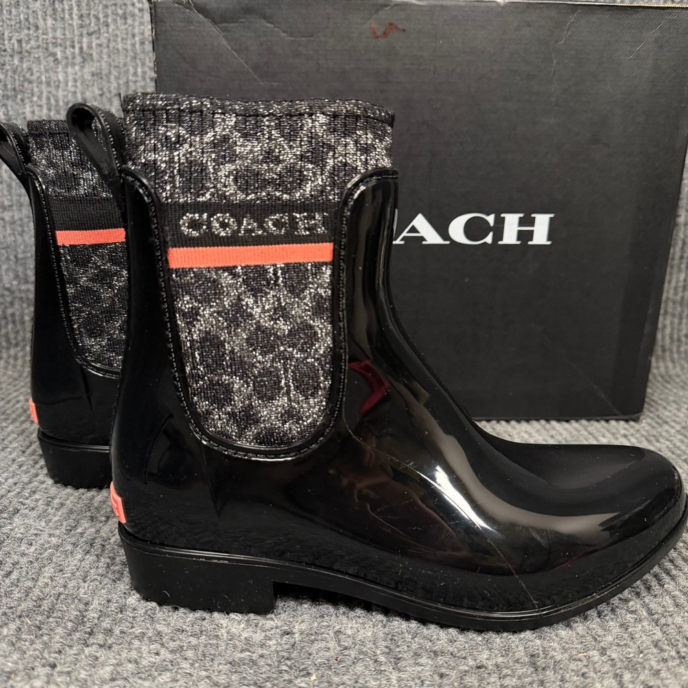 Coach Rivington Rain Boots Womens 6B Black‎ Pink Signature Knit Ankle Booties